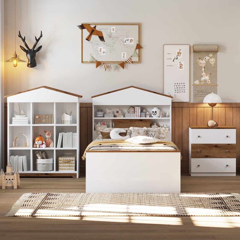 3-Pieces Bedroom Sets, Twin Size House-Shaped Wooden Bed with Storage Drawers, Nightstand with Colorblock Design and House-shaped Stroage Rack, Brown+White