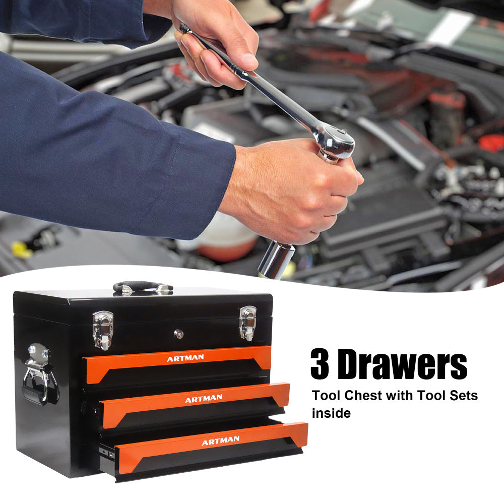20'' Portable 3-Drawer Steel Toolbox, 4 Layers of Tools with Metal Latches, with Top Storage Tray and carrying Handle, Multi-Function Tool Storage for Garage, Home, or Workbench ,Black&Orange