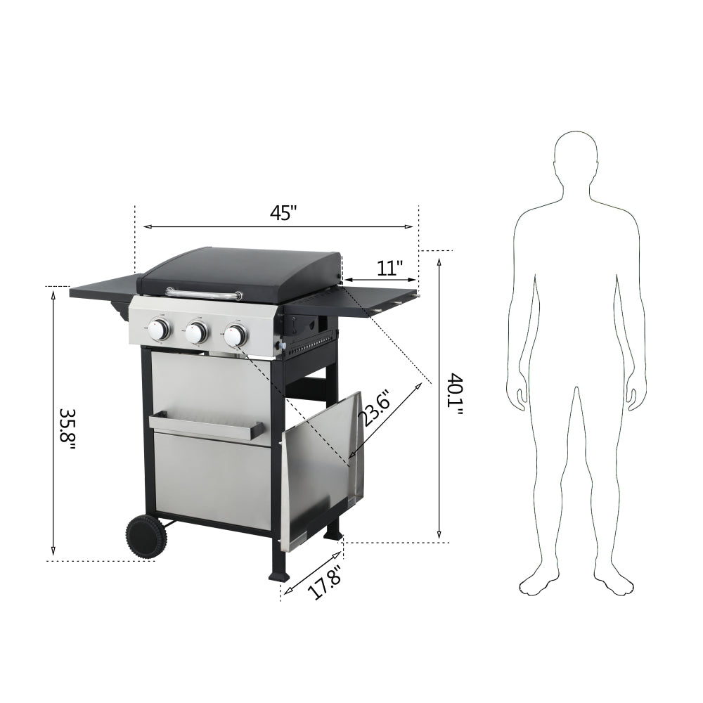 3-Burner Propane Gas BBQ Grill, SS Plancha, 36900BTU Output With Wire Enamel Cooking Grids For Outdoor Barbecue, Foldable Side Table, Hanging Basket, Stainless Steel