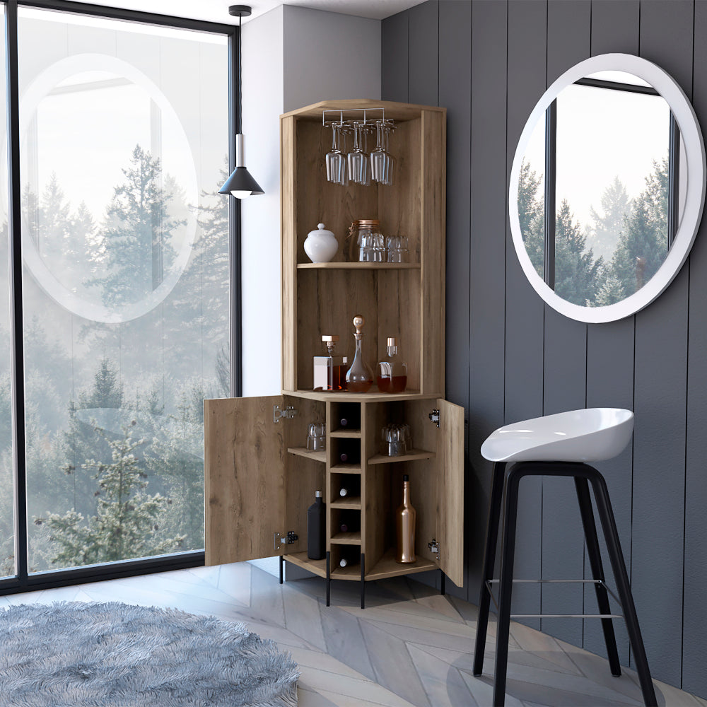 Reese Corner Bar Cabinet, Two Shelves, Double Door Cabinet, Five Built-in Wine Rack, Four Interior Shelves