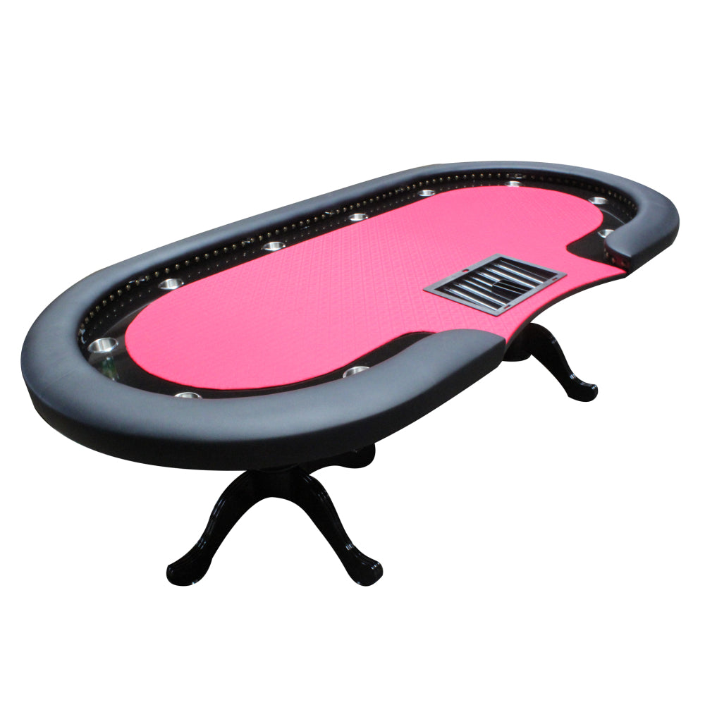 96" Poker Table for 10 Players Casino Game Texas Hold'em Premium Oval with Round Stud Rivet Decorate Waterproof Cloth Chip Tray Cup Holders Red