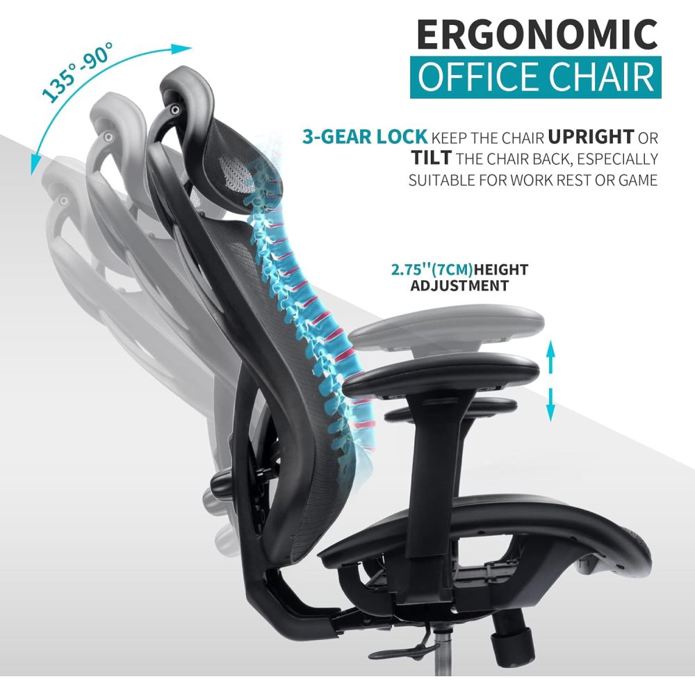 Mesh Office Chair,Ergonomic Office Chairs with Wheels,Adjustable Lumbar Support,Armrest,Headrest-Tilt High Back Desk Chair with Mute Wheel for Office, Home, Gaming