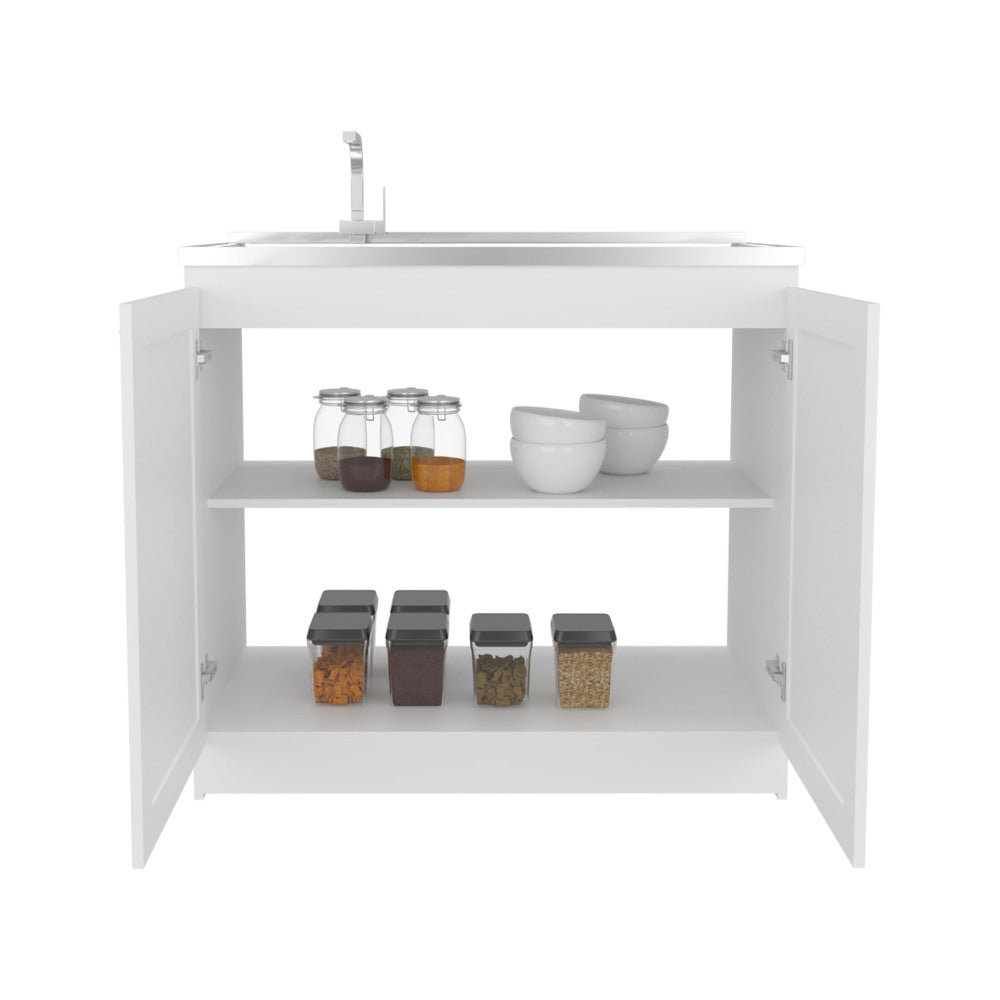 Zurich 39" Wide Utility Sink, Base Cabinet Two-Door Cabinet With Two Shelves, Stainless Steel Sink, Kitchen, Laundry Room, Garage Sink White