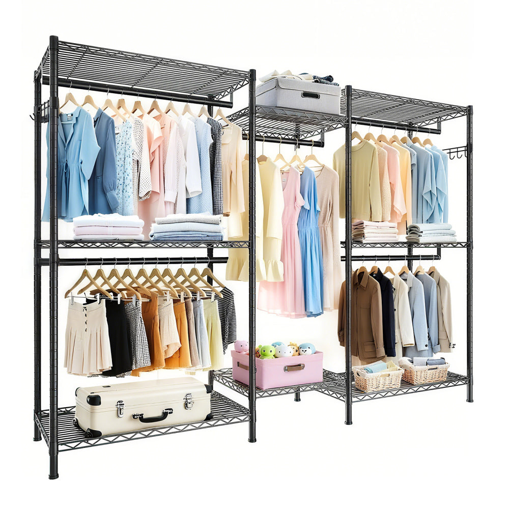 Heavy Duty Garment Rack, Freestanding Closet Organizer, Portable Wardrobe Clothes Rack, Adjustable Wire Shelving Clothes Rack with 8 Adjustable Wire Shelves and 5 Clothes Rails, Black