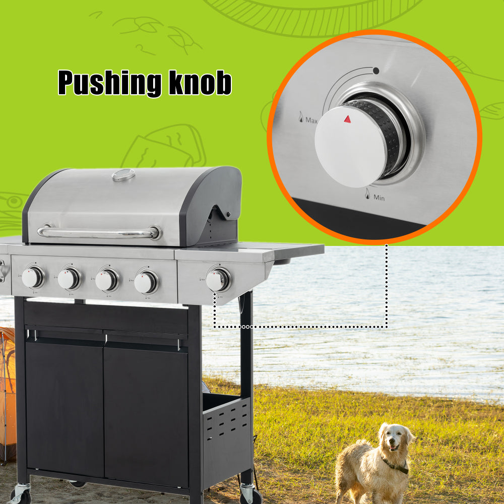 Propane Grill 4 Burner Barbecue Grill Stainless Steel Gas Grill with Side Burner, 46,500 BTU Outdoor Cooking, Patio, Garden Barbecue Grill, Black and Silver