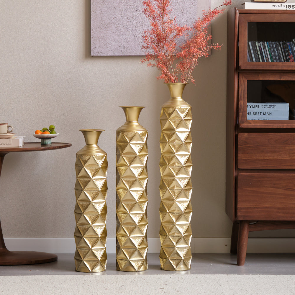 Metal decorative vase High Distress Metal center vase with 3D triangle pattern, set of 3 vases for home decoration 33.5 ", 29.5 ", 25.2 "high, gold