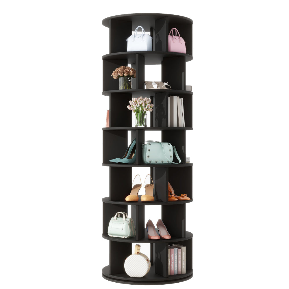 ON-TREND Φ23.6'' Rotating Shoe Rack Tower, 7-Tier Spinning Shoe Shelf with 5 Grids Per Layer, Display Rack, 360° Revolving Shoe Carousel Closet Organizer for Entryway, Living Room, Black