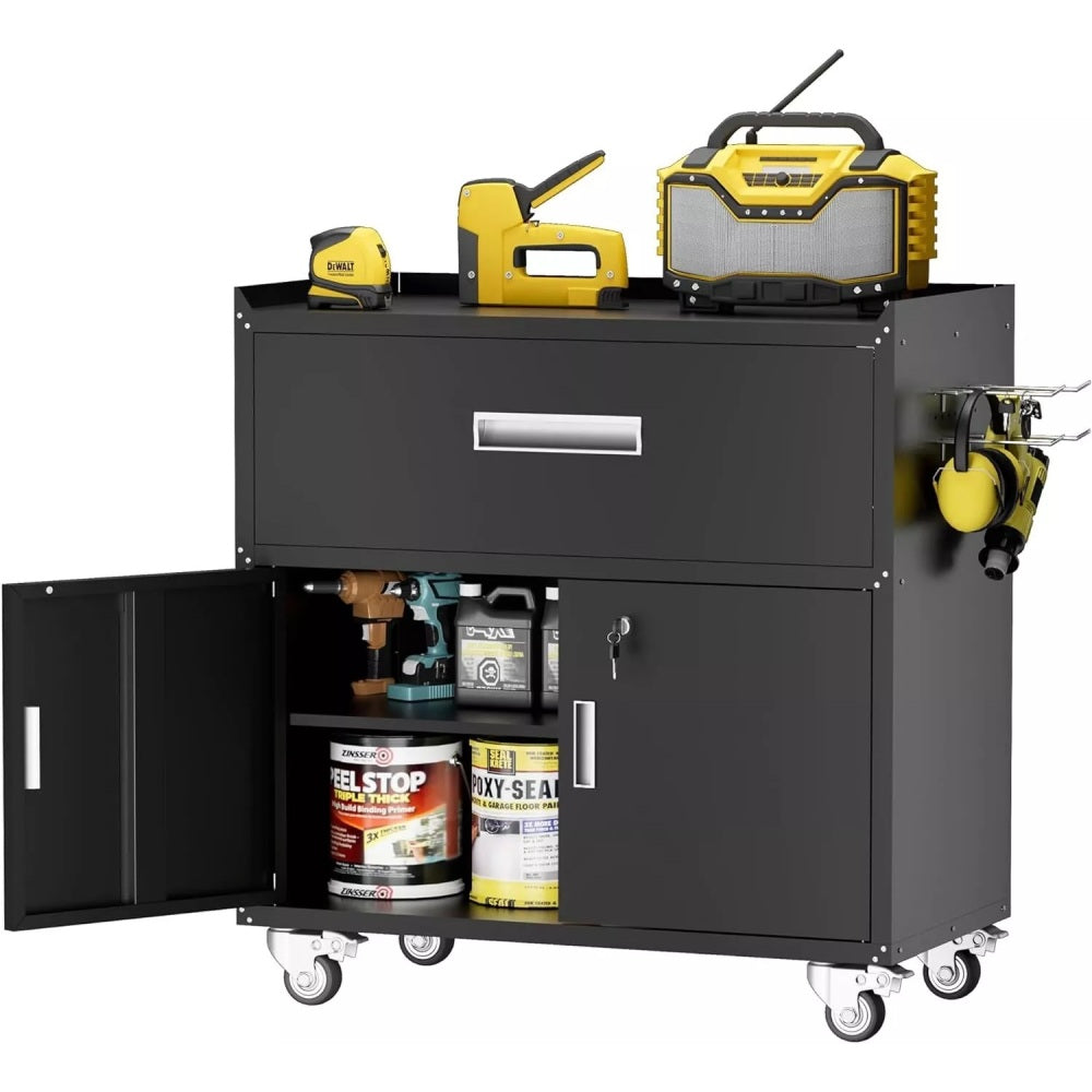 Metal garage cabinets, rolling tool cart boxes with wheels (black)
