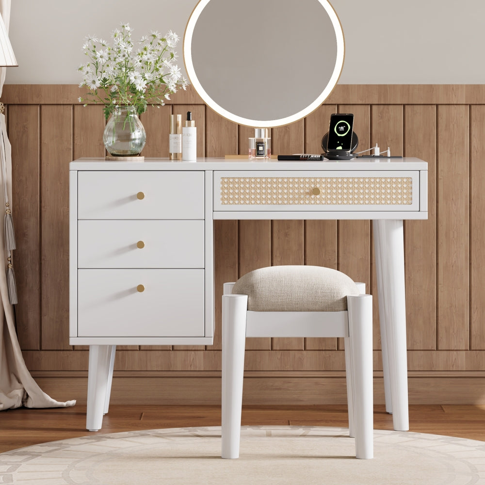 3 Pieces Bedroom Set with Queen Size Wooden Bed Frame, 1 Vintage  Nightstand and 1 Makeup Vanity Set with Stool,Black