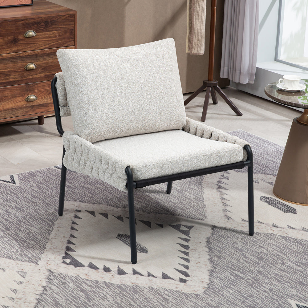 Modern Accent Lounge Chair with Braided Upholstery and Metal Frame, Comfortable Armchair for Living Room or Bedroom, Soft Cushioned Seat and Backrest, Set of 1 (GREY)