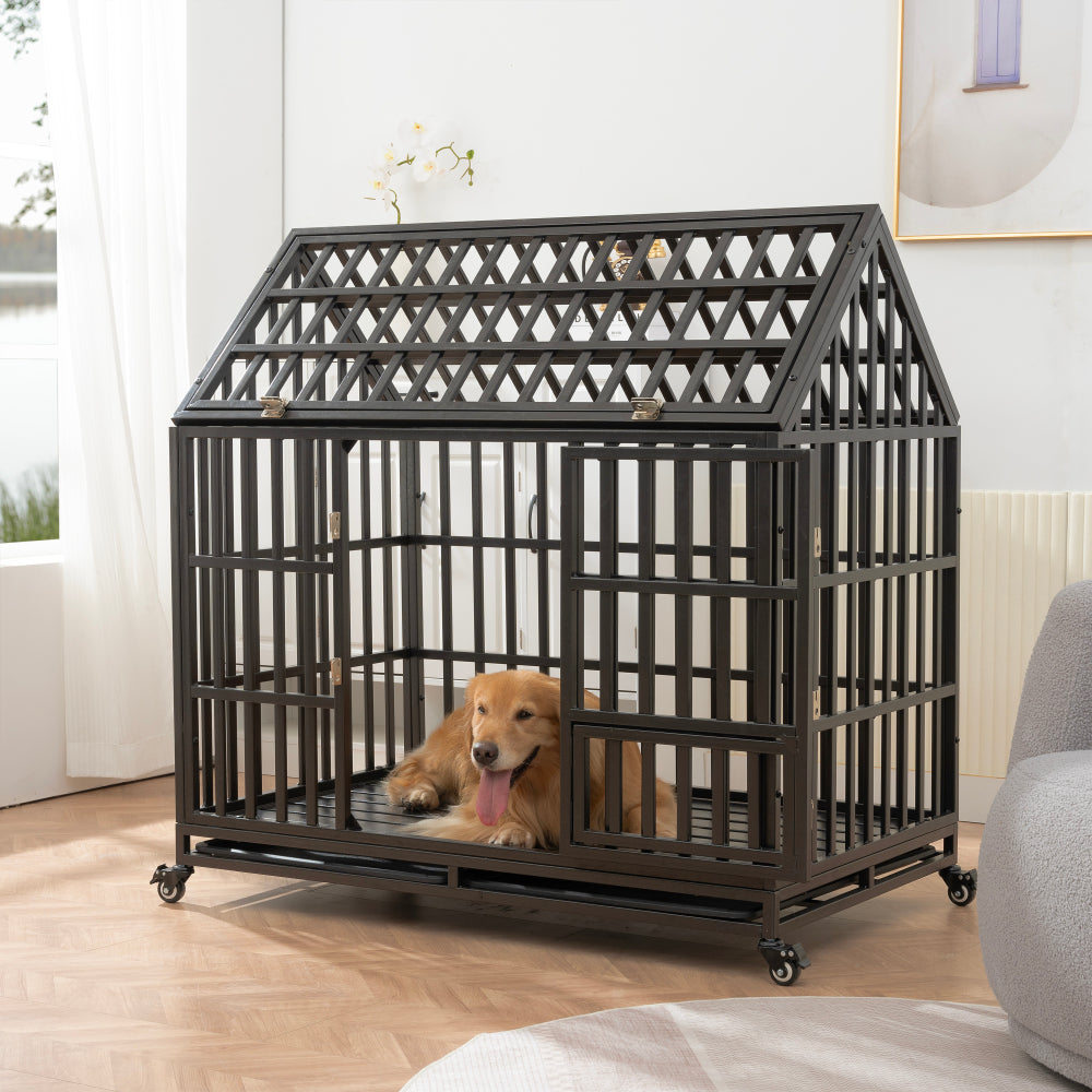 52" Heavy Duty Dog Crate Large Dog cage Strong Metal Dog Kennels and Crates for Large Dogs with 4 Lockable Wheels