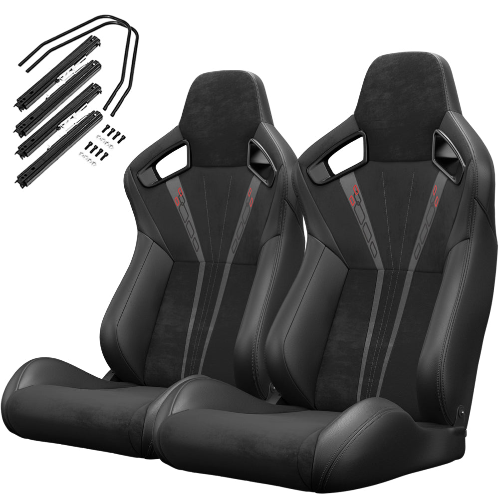 2PC Universal Bucket Racing Seats Red Stitch Red PVC Leather Reclinable Carbon Look Leather Back With Adjustor Slider(Not Including Seat Bracket ) 1 box of 2 pieces