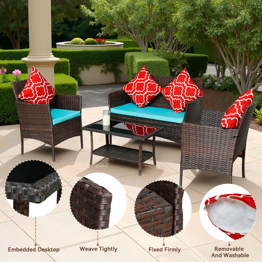 Four-Piece Sofa Set Table With Sofa Chair PE Rattan Outdoor Furniture HY4-001 Box *1 With Emerald Green Color Cushion