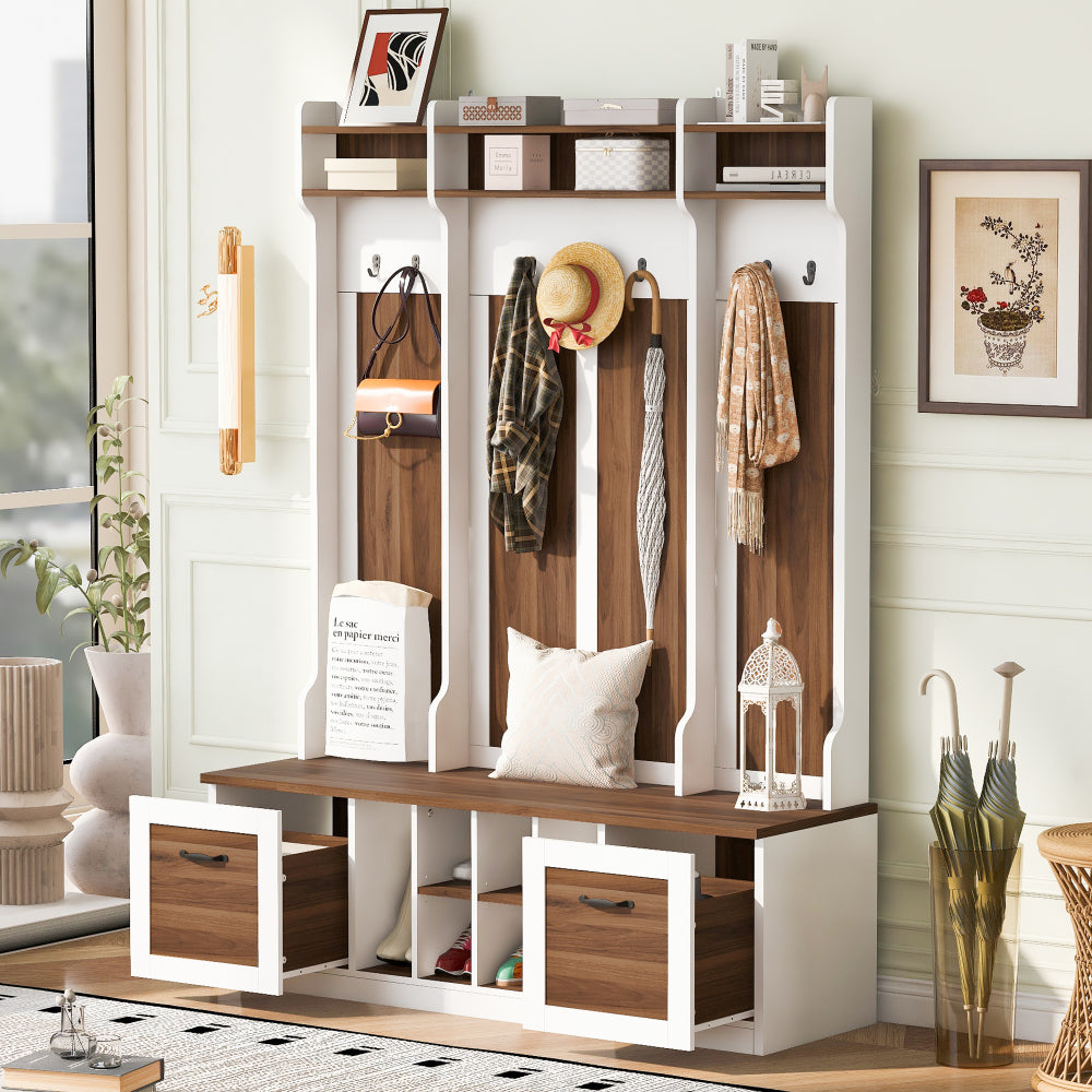 U-Can 5-in-1 Entryway Bench with Coat Rack, 7 Sturdy Hooks, 2 Spacious Drawers and Adjustable Shelves, 58.8'' Wide Hall Tree with Metal Handles for Hallway, Entryway, Living Room