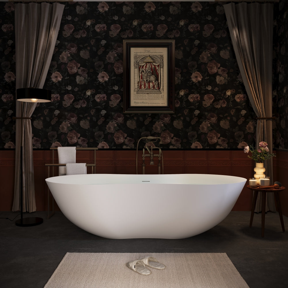 67" Freestanding Solid Surface Bathtub, Stone Resin Freestanding Bath Tub with Overflow and Pop-up Drain, Matte White 24S10-67MW