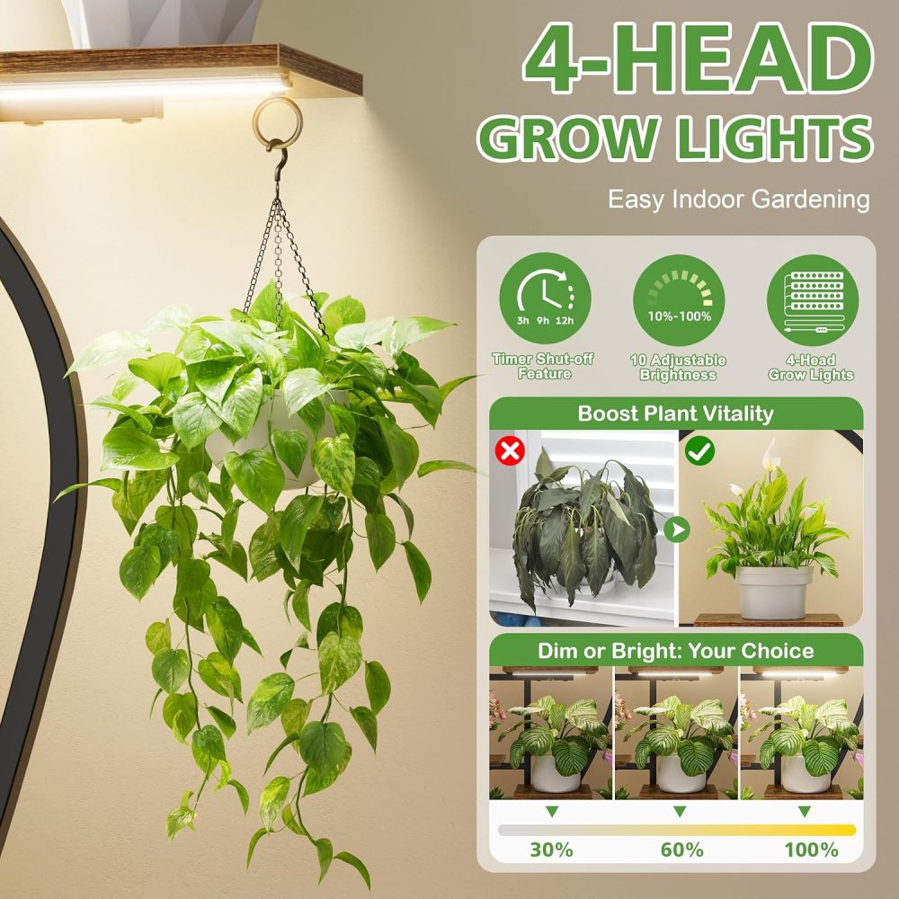 Plant Stand Indoor with Grow Light, 9 Tiered 63" Tall Indoor Plant Shelves for Multiple Plants, Large Metal Plant Shelf, Lighted Plant Stand for Indoor, Balcony, Living Room
