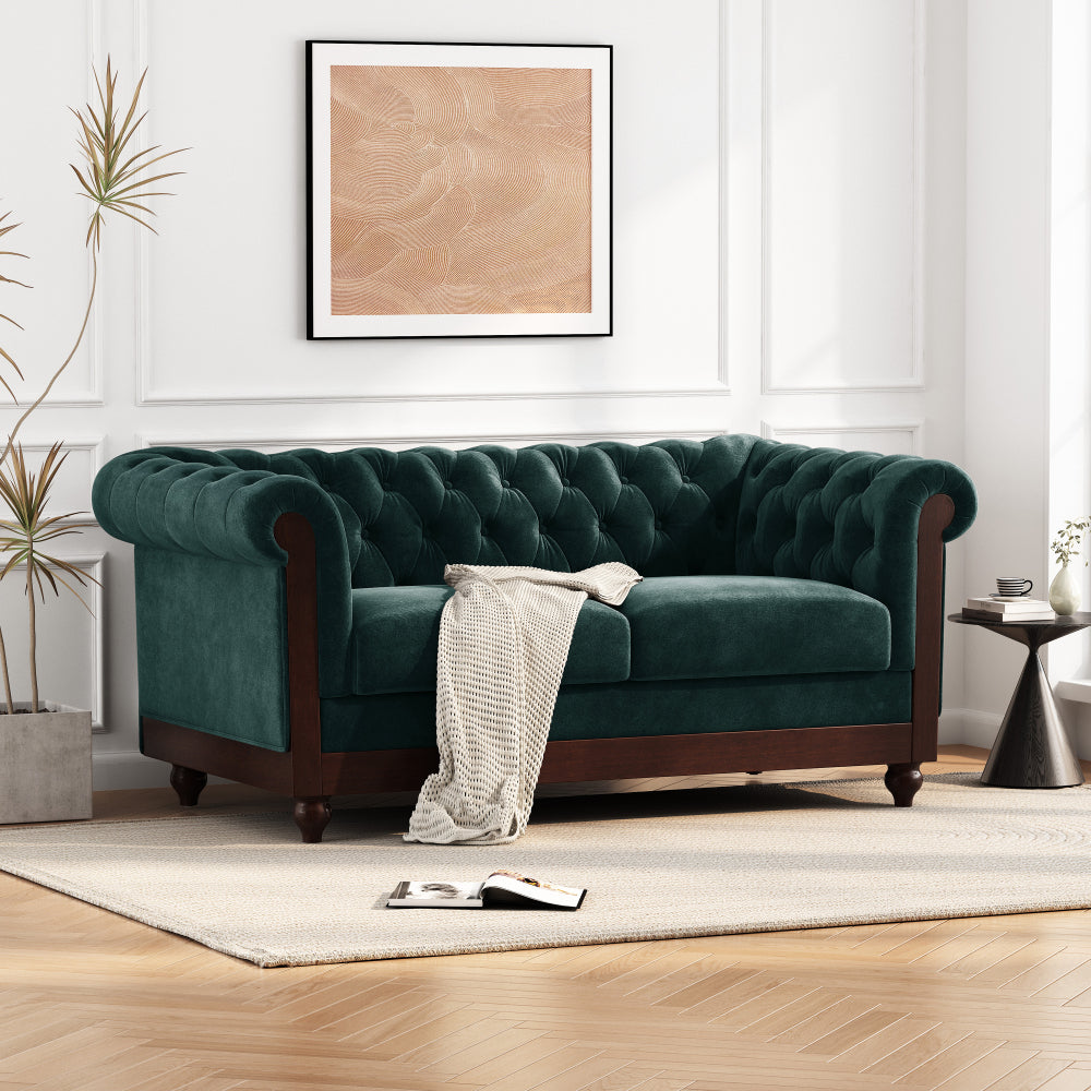 VIVALUX 59.44" Chesterfield Velvet Loveseat Sofa,2-Person Rolled Arm Dutch Plush Upholstered Sofa Couch with Tufted Button for Living Room, Bedroom, Small Places,Forest Green