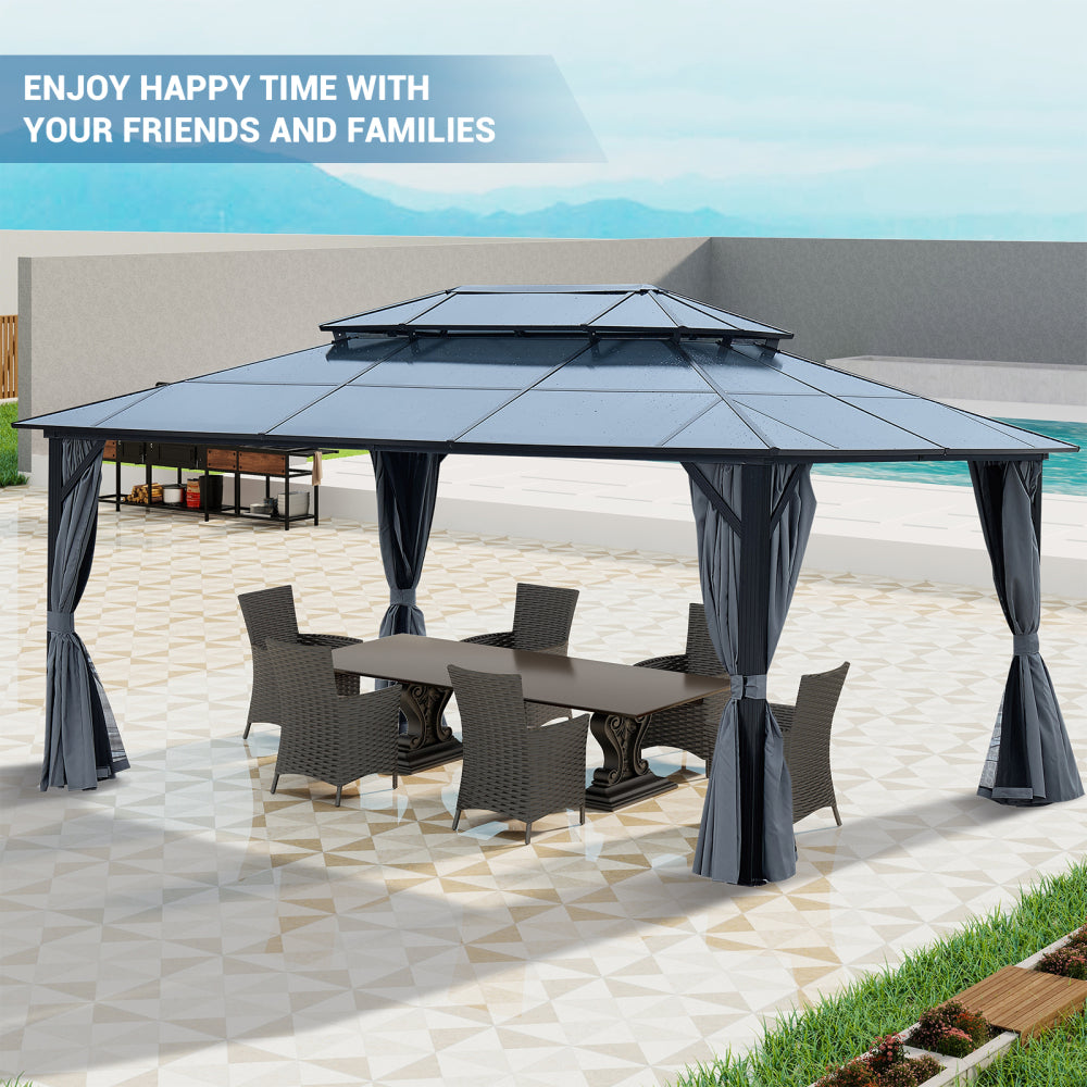 12' x 16' Gazebo Polycarbonate Double Roof Canopy Outdoor Aluminum Frame Pergola, Permanent Pavilion with Netting and Curtains for Garden Patio Lawns Parties