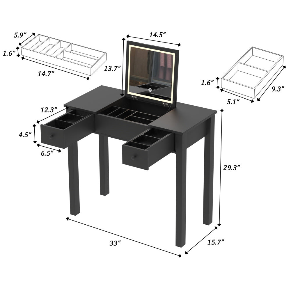 Multifunctional Vanity Desk with 3-Level Adjustable Lighting with Flip-top Mirror & Storage 15.75" Deep Makeup Table 2 Drawers & 3 Removable Organizer Boxes Compact Home Office Desk Black