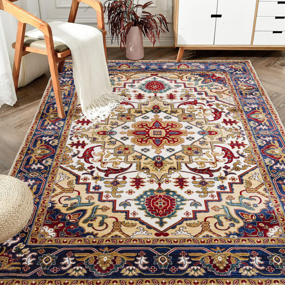 Area Rug 5x7 Vintage Bohemia Large Persian Non-slip Washable Rug For Living Room Kitchen Bedroom Living Room Flower Design Blue/Gold