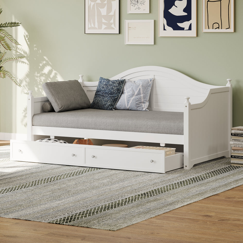 Twin Size Wood Daybed Extended Bed with Storage Drawers Wooden Sofa Bed for Living Room Guest Room, White (Old SKU:BS701P210919K)