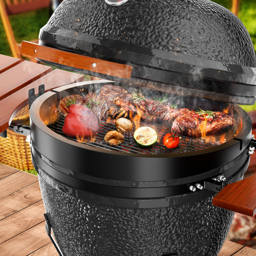 18" W Kamado Portable Charcoal Grill with Side Shelves and Cover, Black