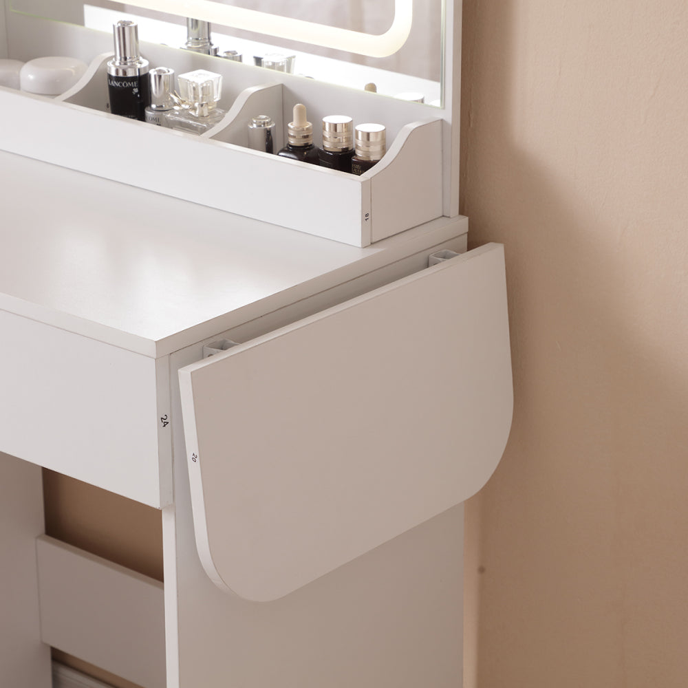 Vanity Desk with Lighted Mirror & Power Outlet, Makeup Vanity Desk with Drawers and Large Storage Cabinet  for Bedroom, 3 Lighting Modes Adjustable Brightness, Storage Stool, White