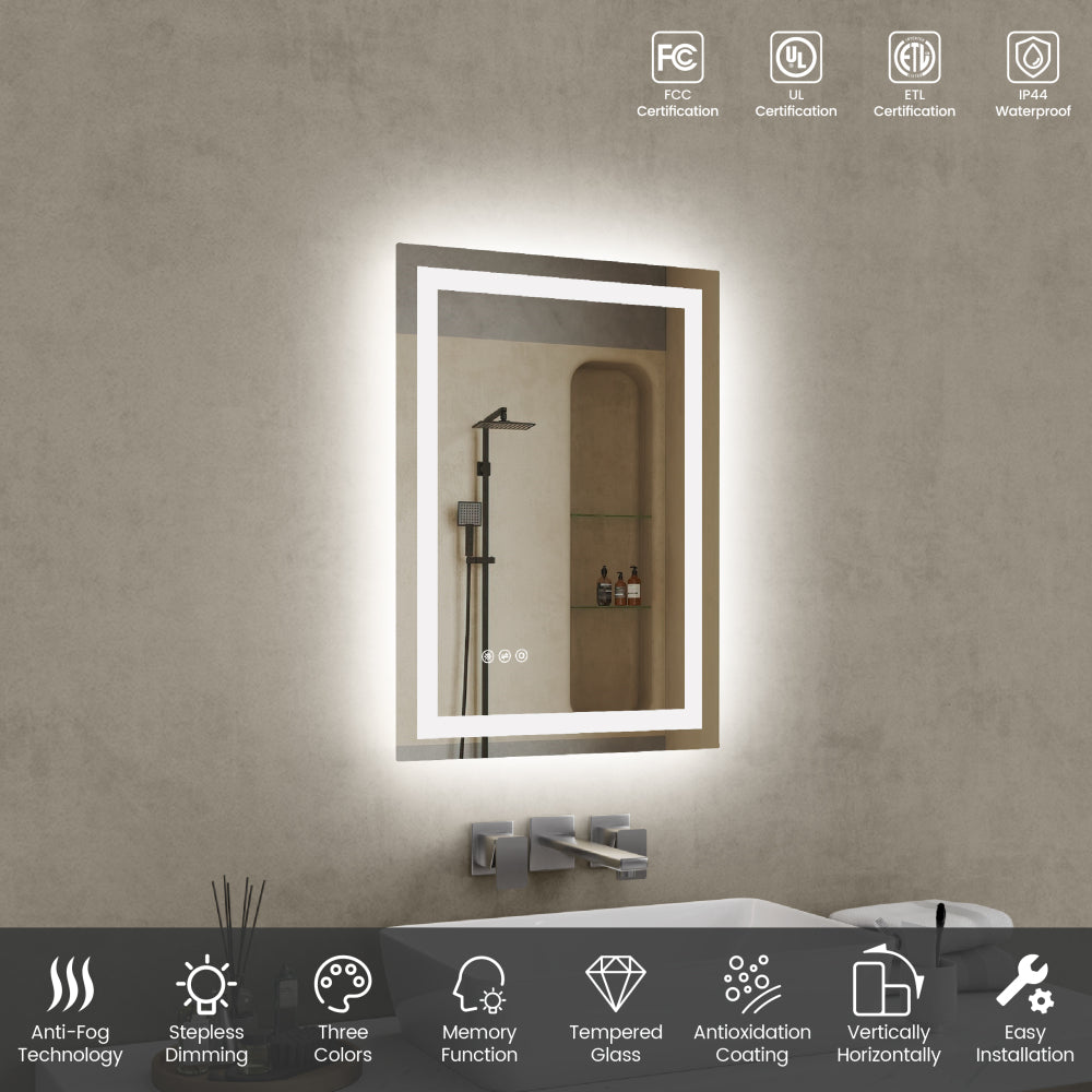 20"*28"LED Bathroom Mirror,Front-Lit and Back-Lit, Stepless Dimmable, 3 Colors CRI90+, Brightness Memory, Shatter-Proof,Anti-fog LED Vanity Mirror, IP44 Waterproof