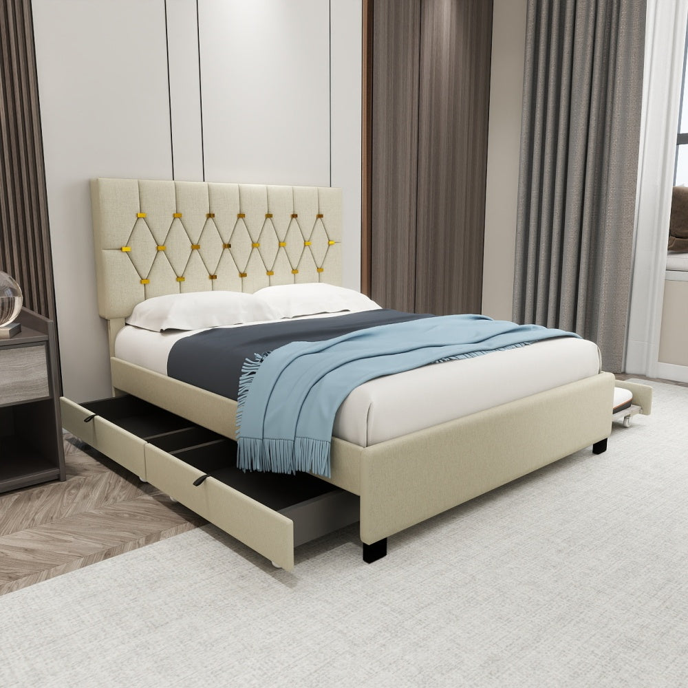 BEIGE QUEEN SIZE TRUNDLE PULL OUT DRAWERS STORAGE UPHOLSTERED BED MODERN DESIGN NO BOX SPRING REQUIRED