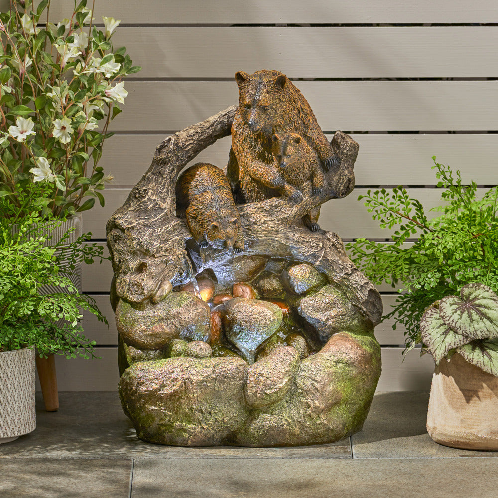 24.75" High CALLAN FOUNTAIN Weather Resistant Floor Fountain with Light, Light Brown + Moss