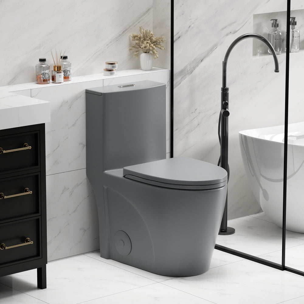 1.1/1.6 GPF Tornado Flush One-Piece Toilet for bathrooms,Siphonic S-trap 12",Elongated Bowl with Soft Close Seat,Powerful Dual Flush MAP 1000g,Comfort Chair Seat ADA Height 17", Light gray LG-001