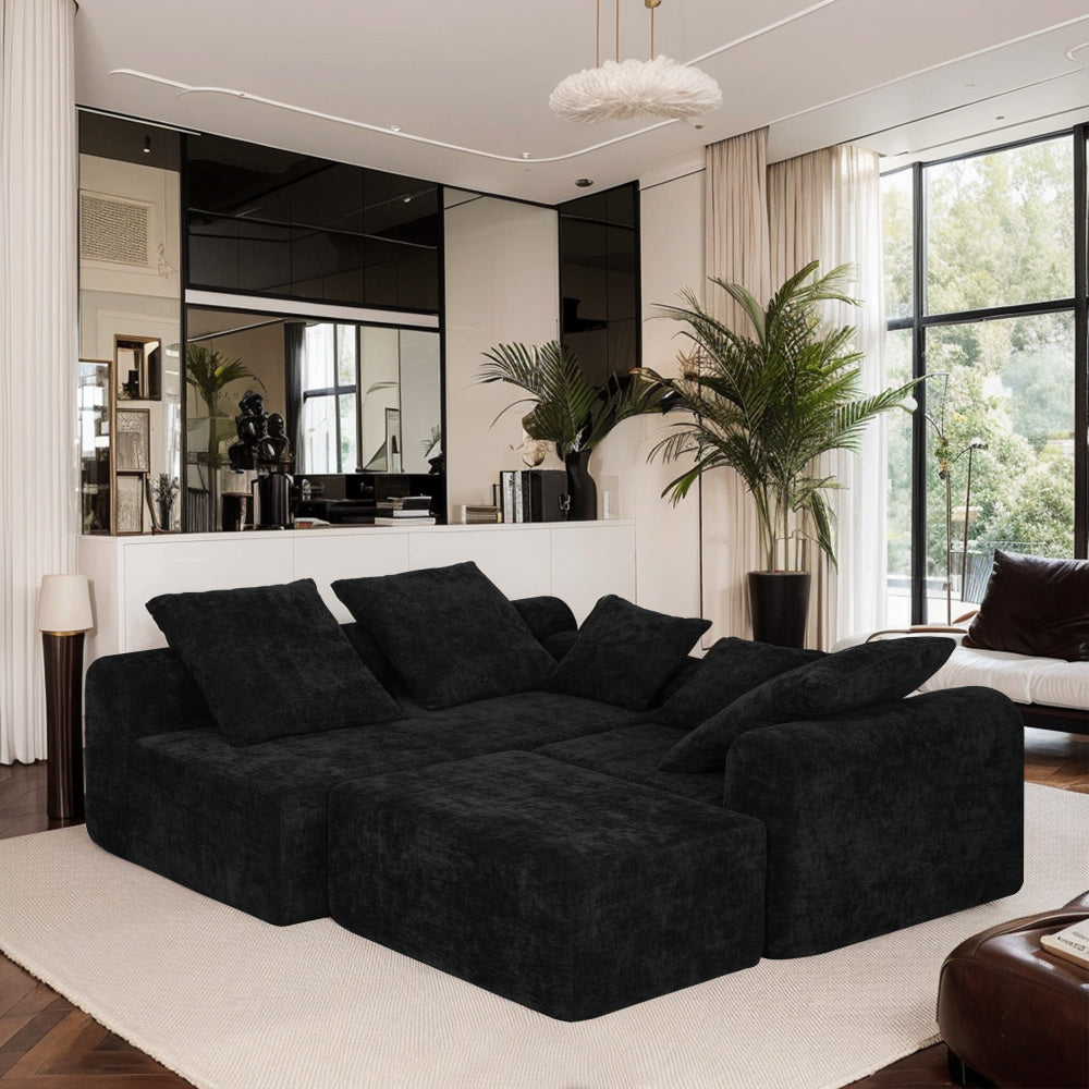 111.2" Modern L-Shaped Sectional Sofa – Modular Velvet Couch with Adjustable Configurations, Soft Melange  chenille Fabric in Black, Stylish & Comfortable for Living Room, Bedroom, and Lounge Areas