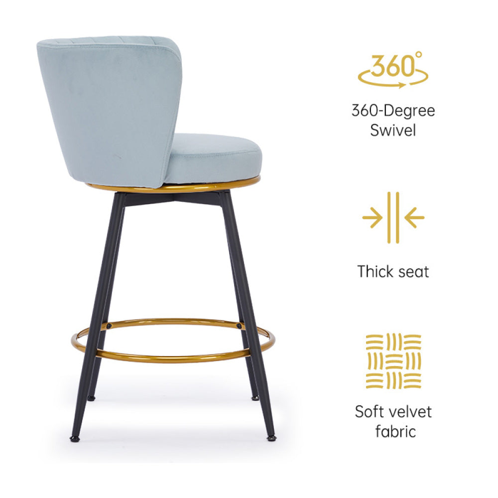 Counter Height Bar Stools Set of 2, 360° Swivel Upholstered Barstools with Backs and Metal Legs, 26" H Seat Height, Velvet Fabric,Goldy Footrest