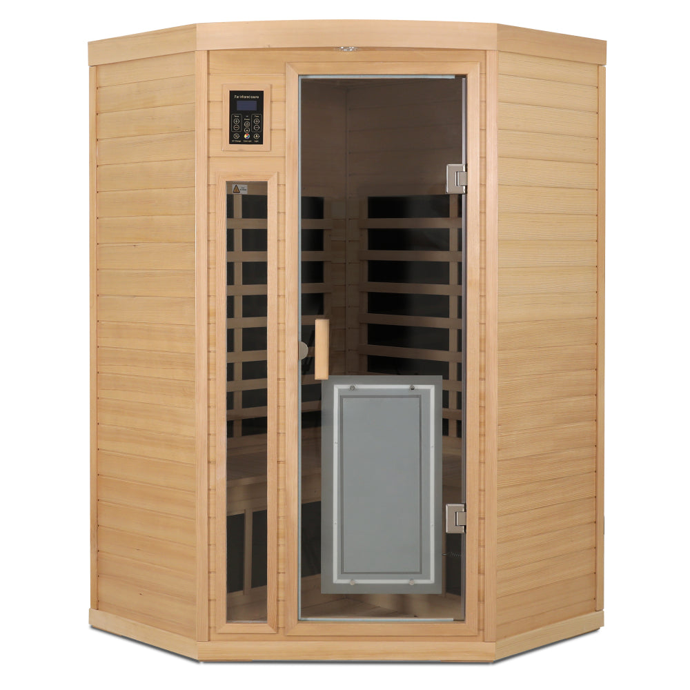 Low EMF Front door with heating panel Two persons Hemlock Far infrared corner Indoor sauna room