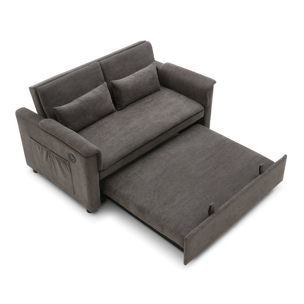 55" Velvet Two Seater Pull Out Sofa Bed, Adjustable Backrest With  USB Ports, Two Side Pockets, 3 in 1 Convertible Sleeper Sofa Bed, Modern Love Seat Lounge,2 waist pillows for living rooms,GREY