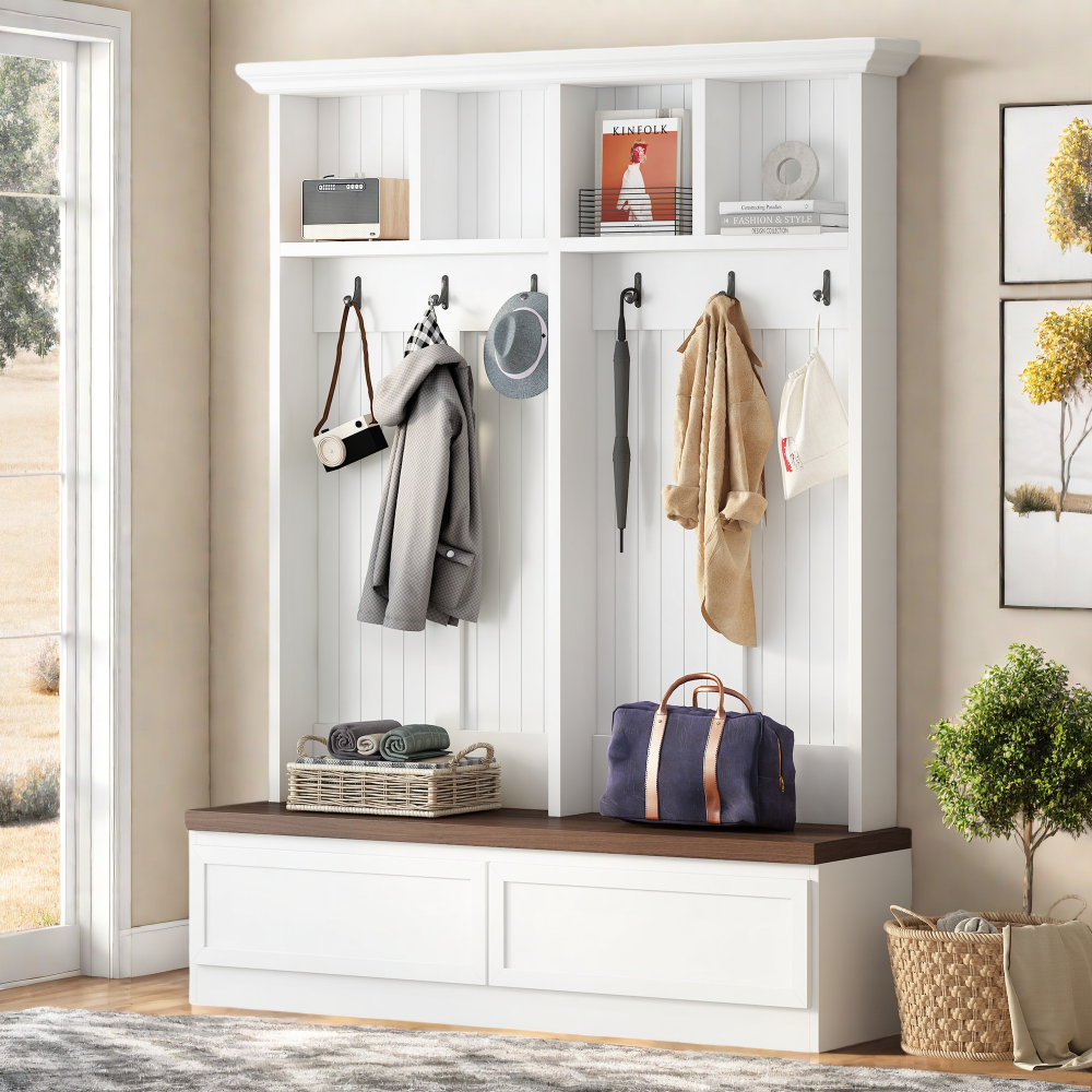 [Assembly Video] Farmhouse 4-in-1 Hall Tree with Wood Grain Bench, Mudroom Versatile Coat Rack with 2 Large Drawer, Large Entrance Organizer with 6 Black Hooks for Hallway, Living Room, White, 55.9"W