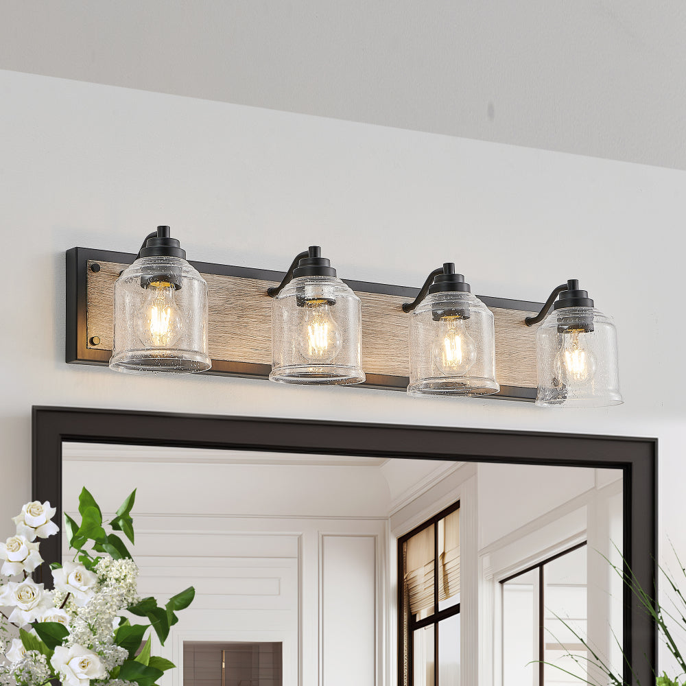 40" Farmhouse Vanity Light Fixture, 5-Light Bathroom Wall Sconce with Clear Seeded Glass Shades, Black and Wood Grain Finish, Modern Industrial Design for Bathroom or Powder Room (No Bulbs)