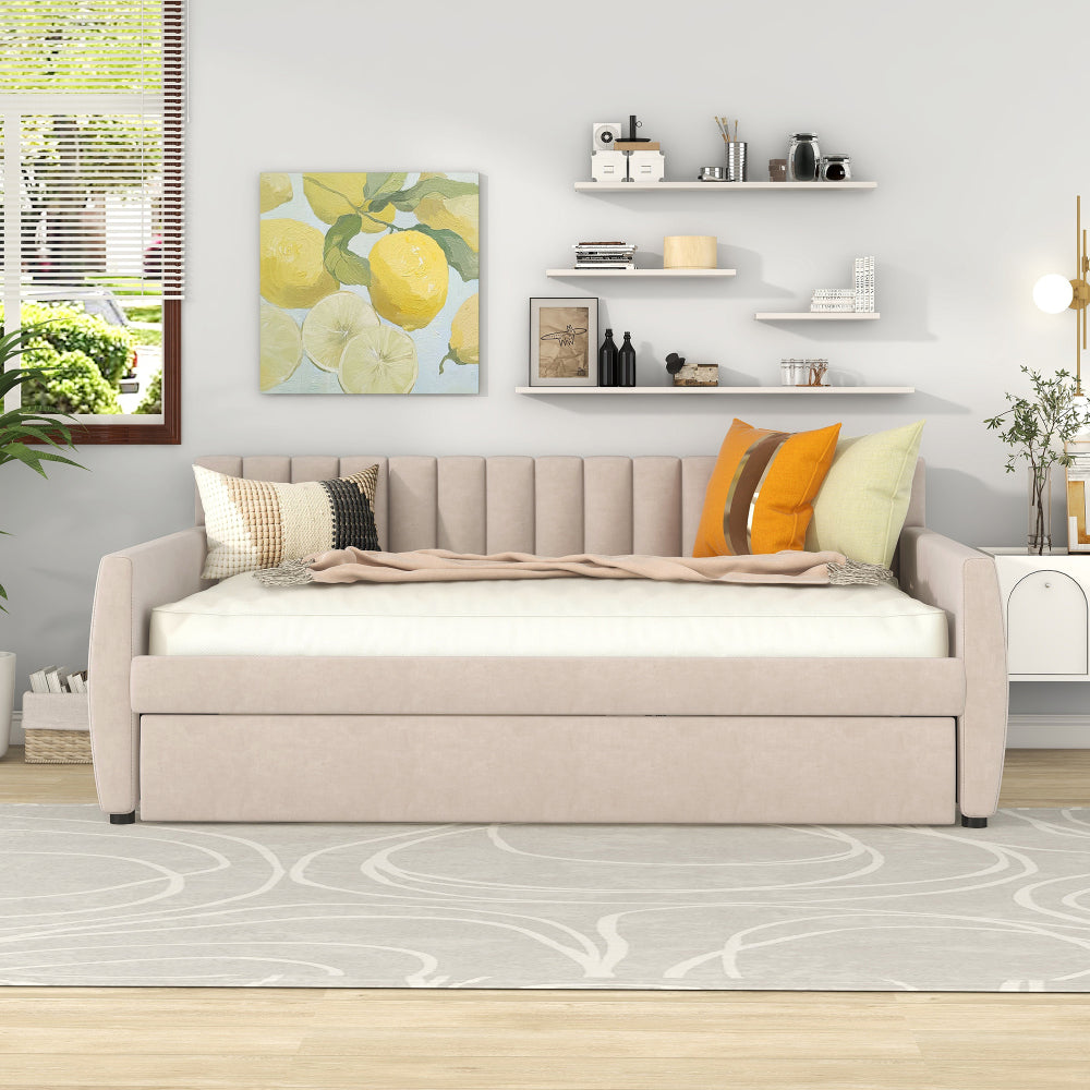 Full Size Upholstered daybed with Trundle and Wood Slat Support, Beige(Old SKU:LP000121AAA)