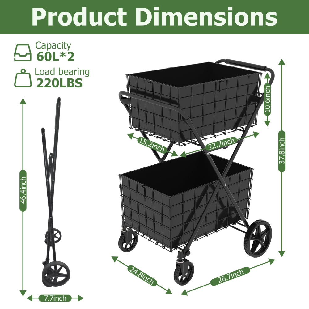 Jumbo Shopping Cart,2 Layers Grocery Cart on Wheels, Foldable Utility Shopping Carts with Double Basket and 360° Rolling Swivel Wheels for Groceries Laundry
