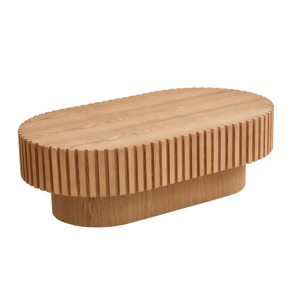 Modern Handcraft Drum Coffee Table Length 43.7 inch Ellipse Coffee Table for Living Room,Oval Small Coffee Table with Sturdy Pedestal,Walnut MDF
