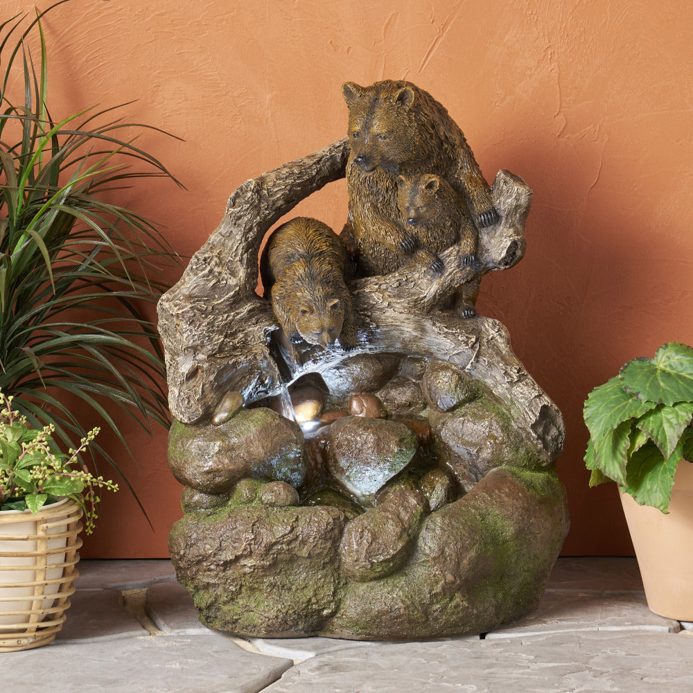 24.75" High CALLAN FOUNTAIN Weather Resistant Floor Fountain with Light, Light Brown + Moss