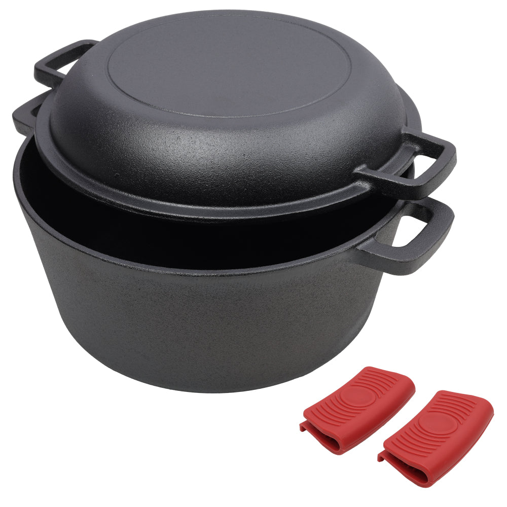 2 in 1 Pre-Seasoned Cast Iron Dutch Oven With Dual Handles, Outdoor Camping Deep Pot for Camping Fireplace Cooking BBQ Baking Campfire, 5 Quart.With 1pc Iron Pot Rack.