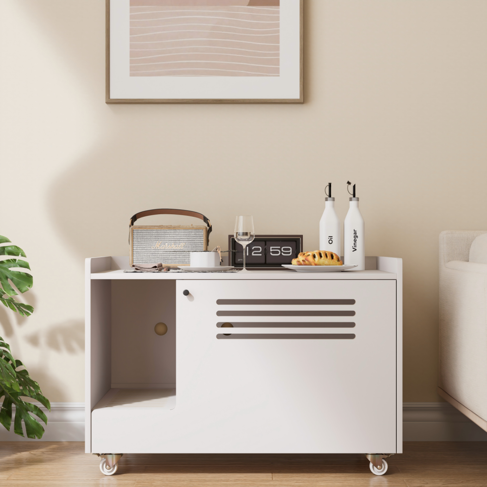 White Cat Litter Box Enclosure,Hidden Litter Box Furniture with top side fence,Wooden Pet House Side End Table, Storage Cabinet Bench for Living Room,,Bedroom, Fit Most of Litter Box