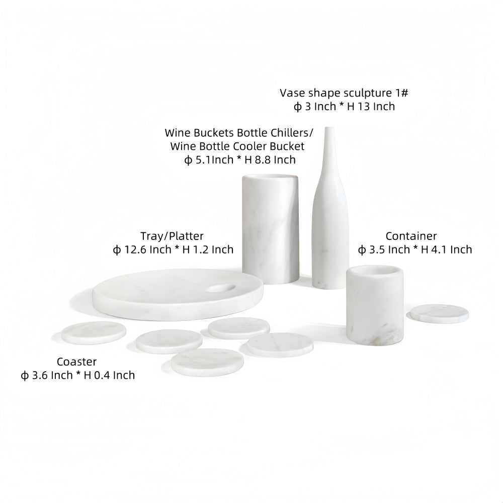 White natural marble dining room accessories set, natural stone, luxury 10 pcs set, genuine marble, real marble