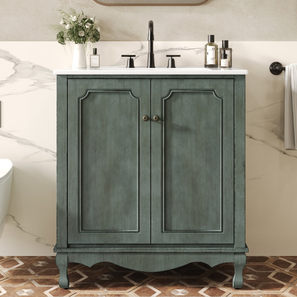 30" Modern Bathroom Vanity with Ceramic Sink, Bathroom Vanity Cabinet with Tempered Blurred Glass and Matte Black Handles, Equipped with Large Storage Space and Rubber Wood Frame, White