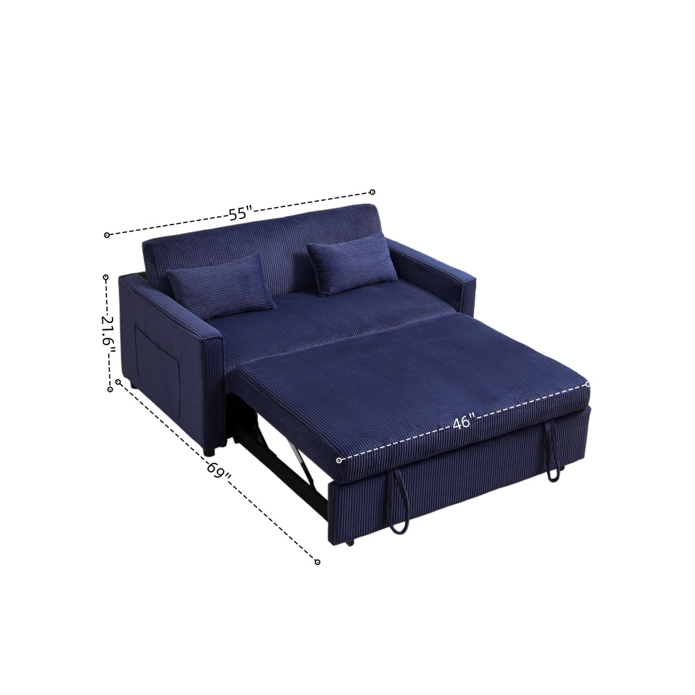 Futon Sofa Bed,3-in-1 Multi-Functional Corduroy Sleeper Couch Pull-Out Bed,Adjustable Backrest and Pillows,Convertible Sofa Bed for Living Room,Bedroom ((Blue)