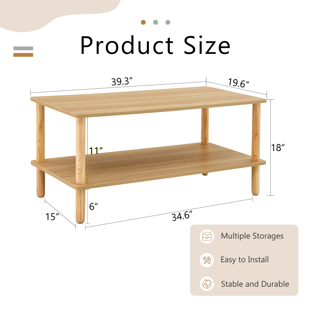 Modern 2-Tier Coffee Table for Living Room Furniture,Rectangular Center Table with Open Storage Shelf,Rounded Rubberwood legs,Stable and Durable,Easy Assembly