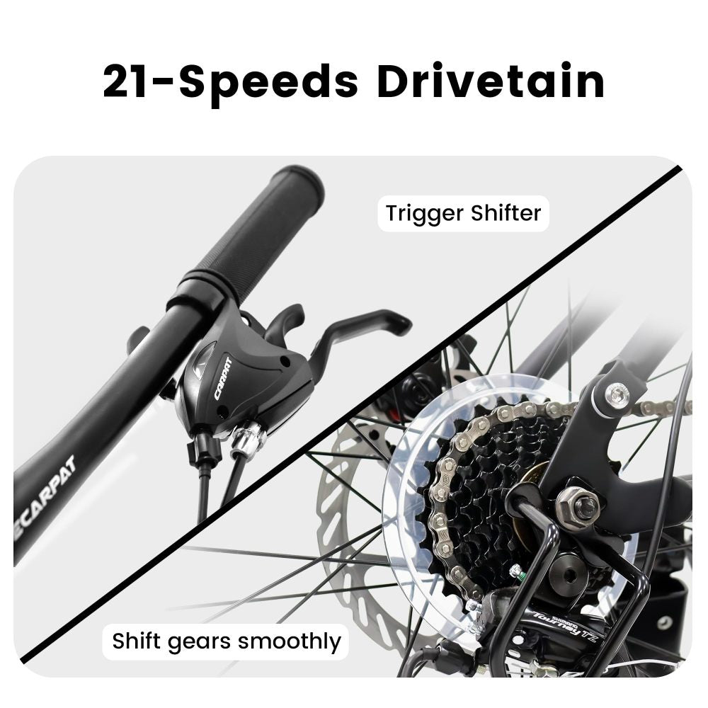 A2460 24 Inch Mountain Bike with Full Suspension, 21 Speed Shifter Lever with Gear Indicator, High Carbon Steel Frame, Mechanical Disc Brakes, Unisex for Men/Women/ Adults, Ideal for Trails.