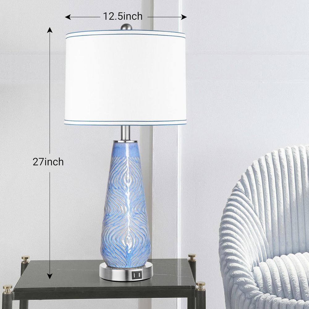 Modern Table Lamp Set of 2 Touch Control, 27" Tall Blue Art Ceramic Bedside Lamp with USB Ports, 3-Way Dimmable Hand Crafted Nightstand Lamps with White Shade for Living Room Bedroom Office