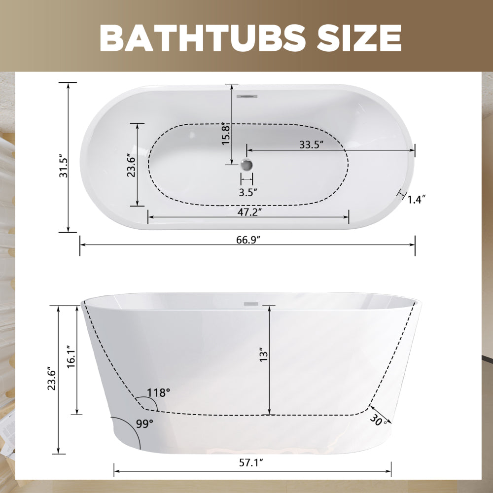 67" Acrylic Freestanding Bathtub, stand alone bathroom tub, Glossy White, Toe-tap Chrome Drain, cUPC Certified